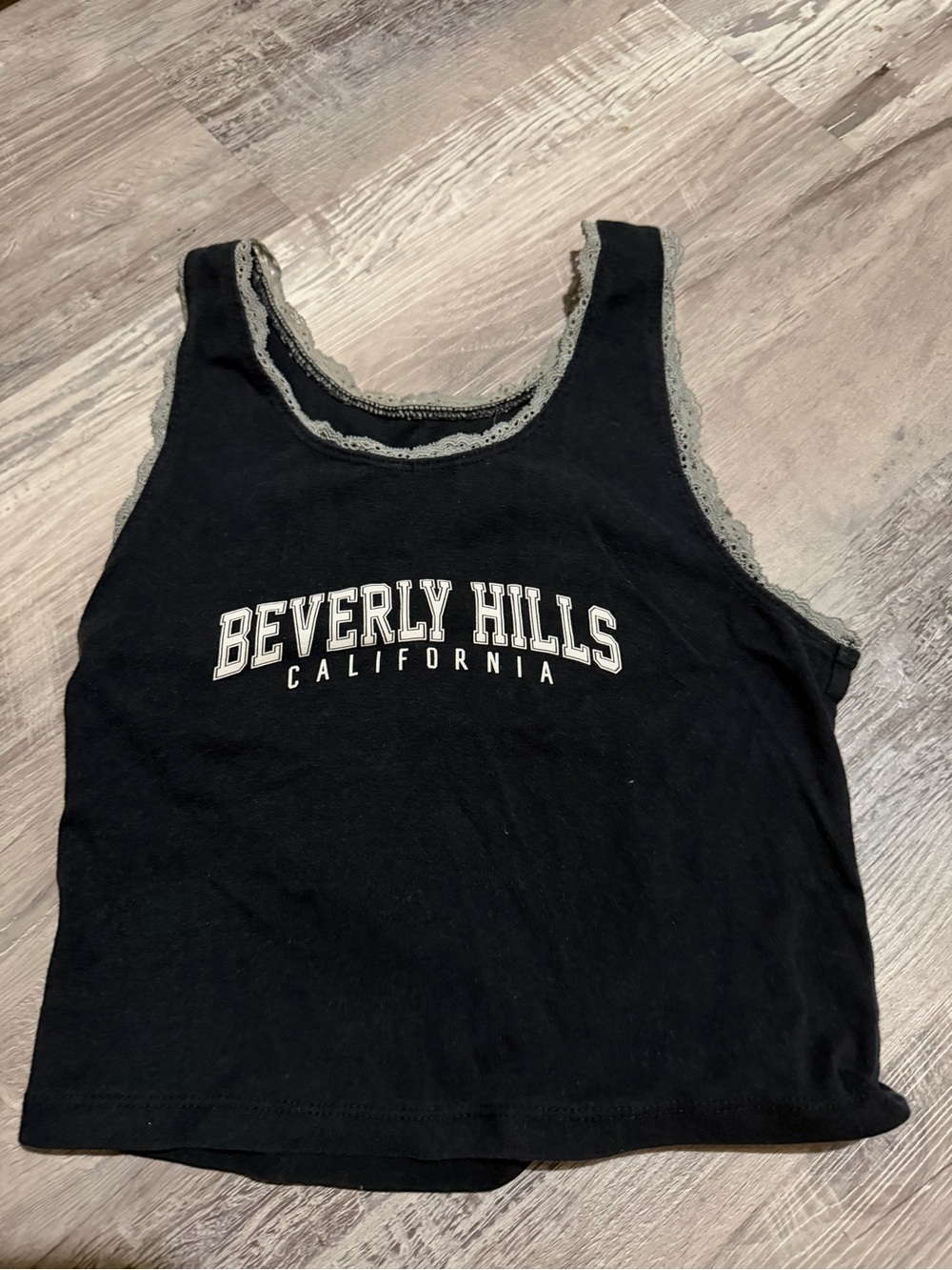 Hollister Black Tank Top with Gray Lace Trim and Beverly Hills Graphic